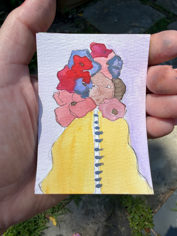 Original ACEO, Girl in yellow jacket, watercolor on paper by lowgarden0 aceo art card