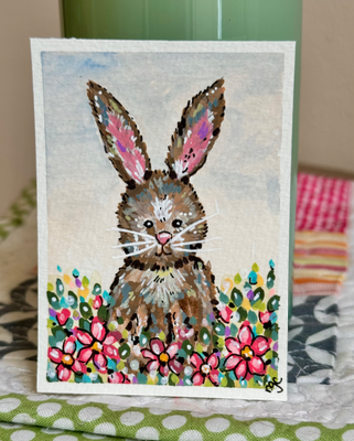 Bunny in Flowers, Pink Flowers, Spring Bunny Painting aceo art card thumbnail 2