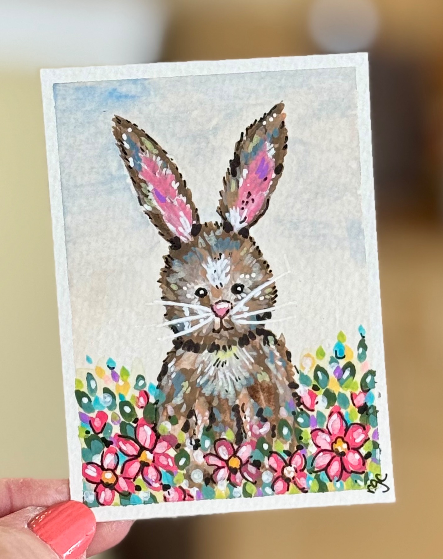 Bunny in Flowers, Pink Flowers, Spring Bunny Painting aceo art card