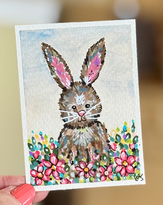 Bunny in Flowers, Pink Flowers, Spring Bunny Painting aceo art card thumbnail 1