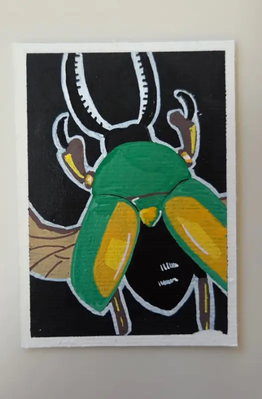 Green Stag Beetle in Acrylic - Dark Bug Set aceo art card