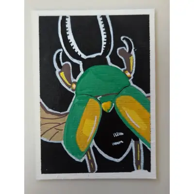 Green Stag Beetle in Acrylic - Dark Bug Set aceo art card thumbnail 1