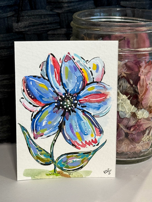 Blue Swirl Floral, Abstract aceo art card thumbnail 1