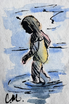 Girl in lake aceo art card thumbnail 2