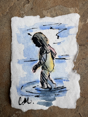 Girl in lake aceo art card thumbnail 1