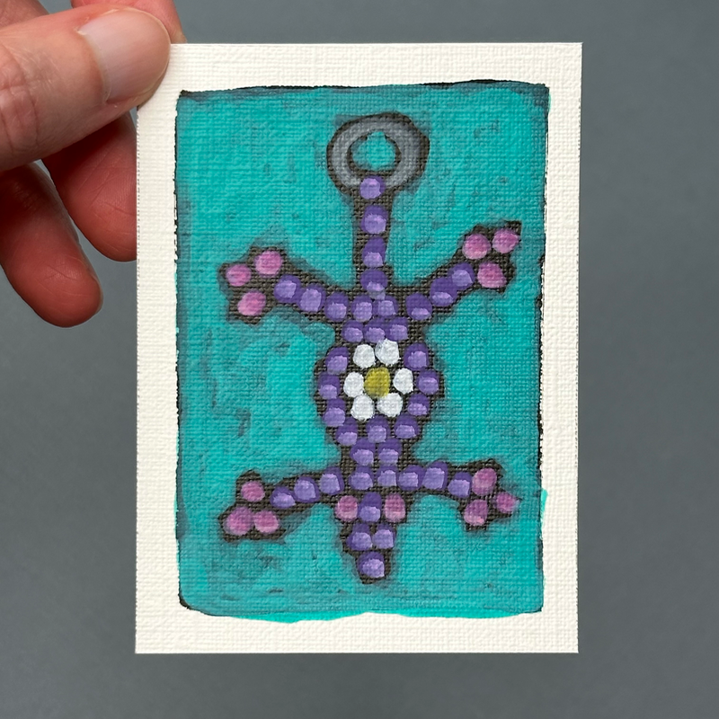 Beadie Buddy Lizard with Daisy in Purple aceo art card