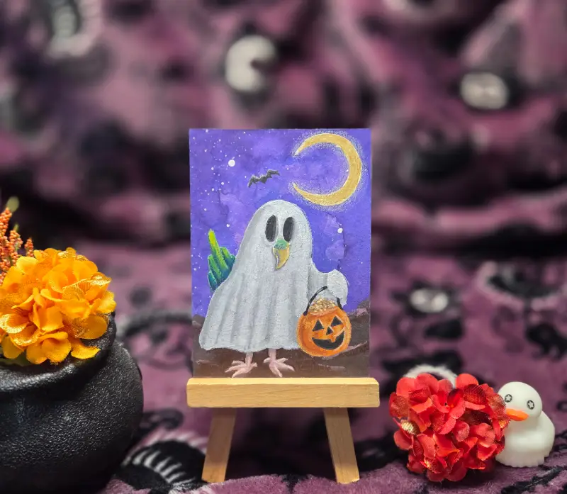 Critter Treats Series Part 8 of 9, Halloween Spooky Cute Budgie Bird Ghost aceo art card