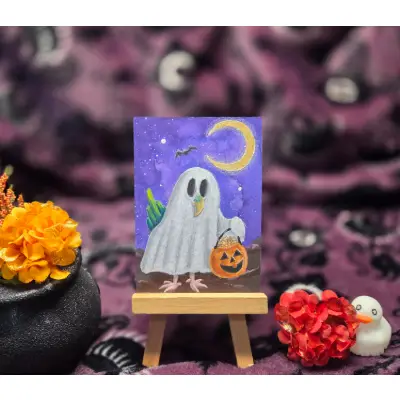 Critter Treats Series Part 8 of 9, Halloween Spooky Cute Budgie Bird Ghost aceo art card thumbnail 1