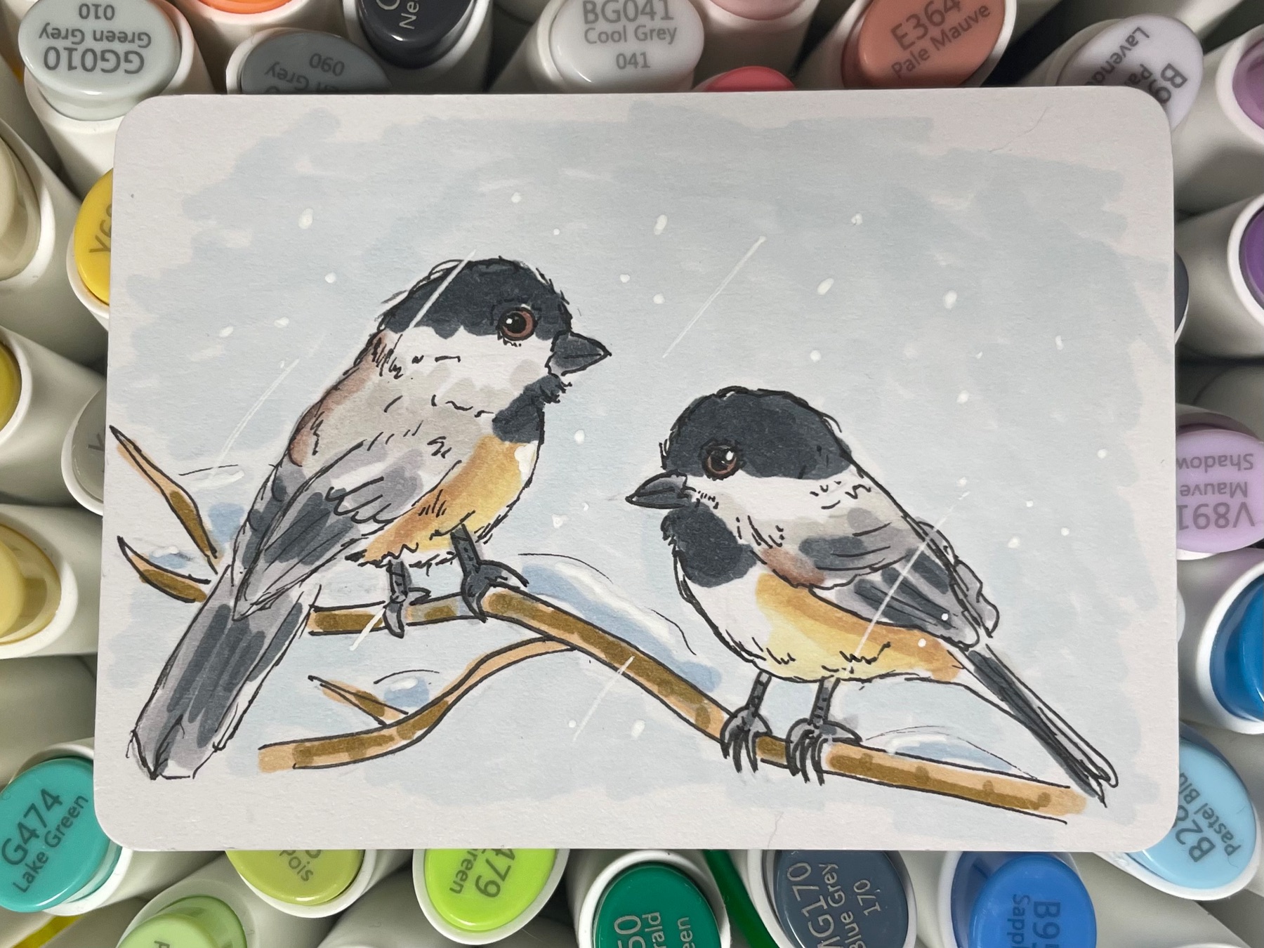 Snowy Chickadees aceo art card