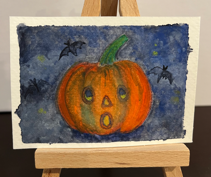 Pumpkin & Bats aceo art card