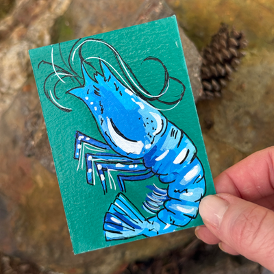 ACEO Original, Shrimp, Seafood, Louisiana, Acrylic, Abstract, By Lark Watercolor and Art aceo art card thumbnail 2