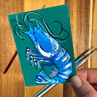 ACEO Original, Shrimp, Seafood, Louisiana, Acrylic, Abstract, By Lark Watercolor and Art aceo art card thumbnail 4