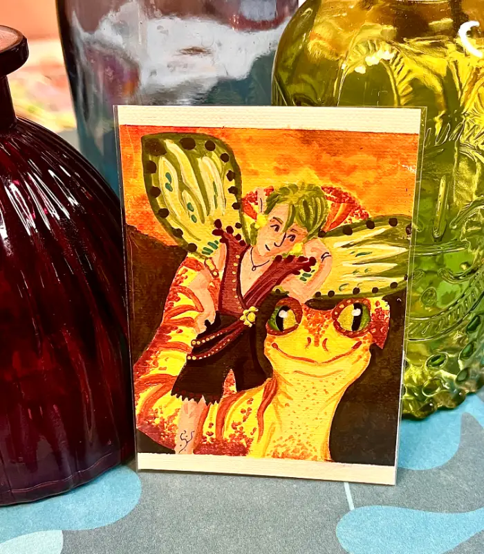 Fairy Steed Companions Duo: Desert and Spring Fae Gecko Lizard Robin Bird Fairytale Novagaleaceo aceo art card