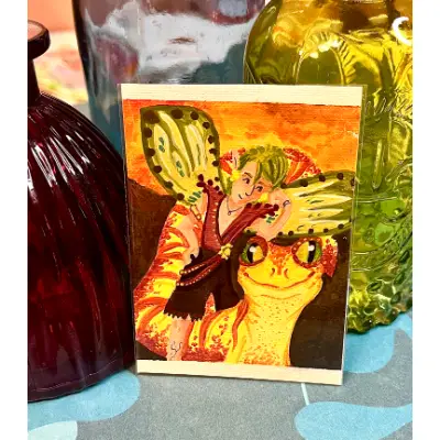 Fairy Steed Companions Duo: Desert and Spring Fae Gecko Lizard Robin Bird Fairytale Novagaleaceo aceo art card thumbnail 1