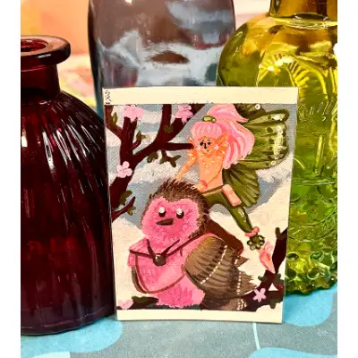 Fairy Steed Companions Duo: Desert and Spring Fae Gecko Lizard Robin Bird Fairytale Novagaleaceo aceo art card thumbnail 2