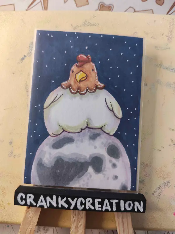 Chicken on the Moon aceo art card