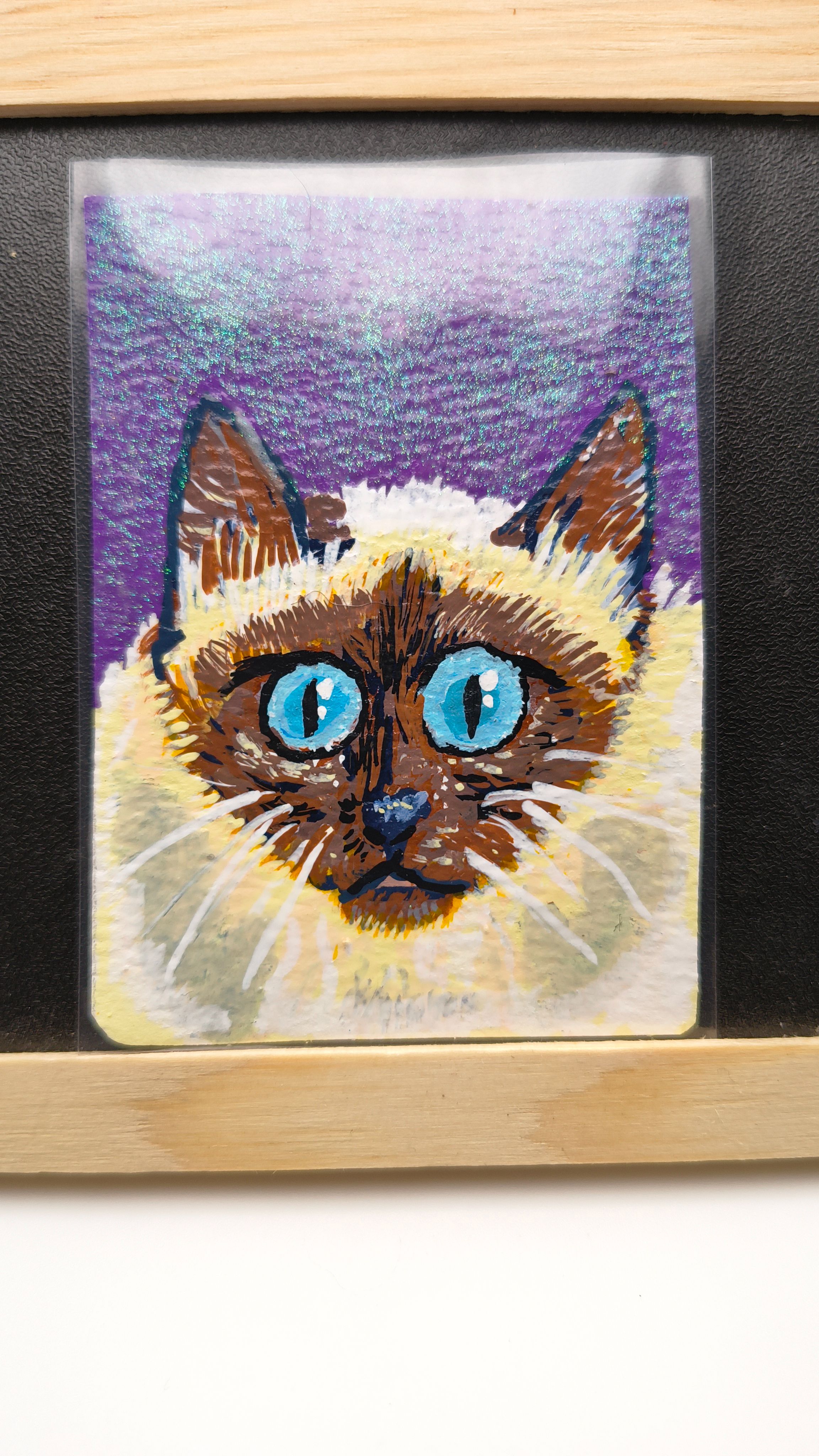 Aceo Original Acrylic Markers #3/5 sitting Siamese by critter creatives- Glitter background aceo art card