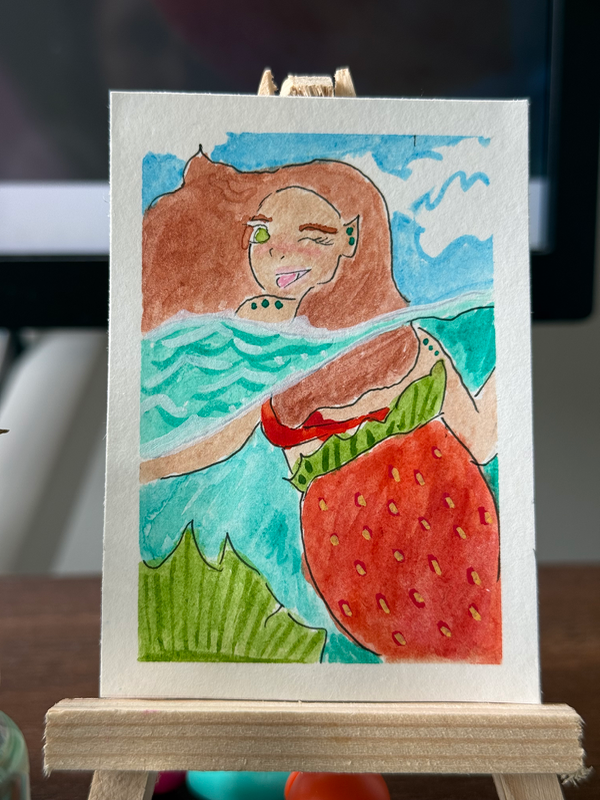 Strawberry Mermaid aceo art card