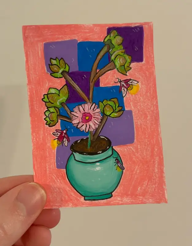 Modern Flower Pot with Fireflies (2.5x3.5in) aceo art card