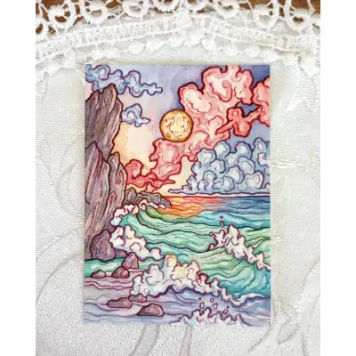 Moonrise Fantasy Seascape aceo art card thumbnail 2