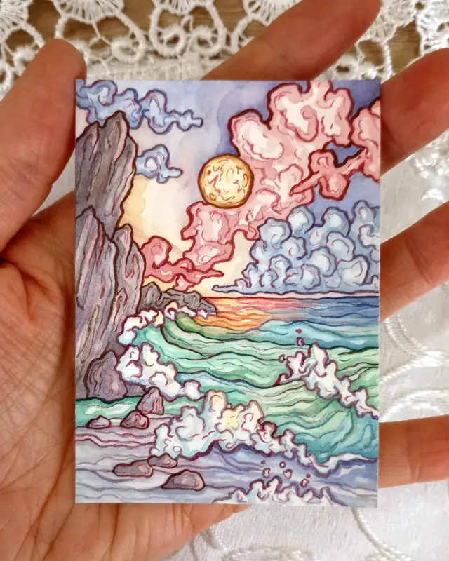 Moonrise Fantasy Seascape aceo art card