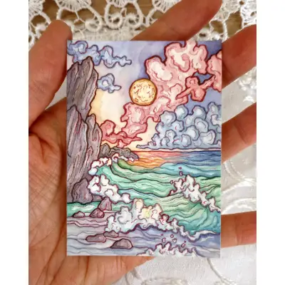 Moonrise Fantasy Seascape aceo art card thumbnail 1