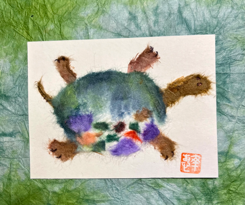 Japanese washi art- turtle (kame) colorful aceo art card