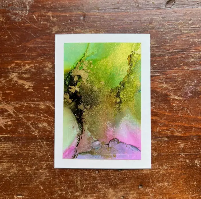 Abstract Alcohol Ink Painting; Pink, Green & Gold Sparkle Flow Art aceo art card