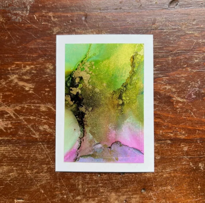 Abstract Alcohol Ink Painting; Pink, Green & Gold Sparkle Flow Art aceo art card