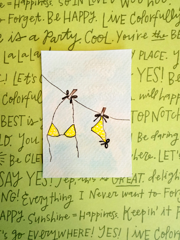Yellow Polka Dot Bikini - By Cici and Bobo aceo art card