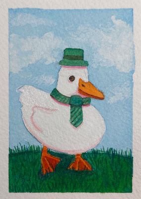 Duck with hat and tie aceo art card thumbnail 2