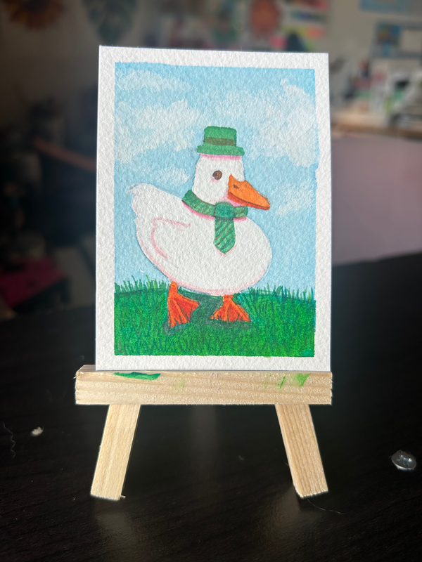 Duck with hat and tie aceo art card
