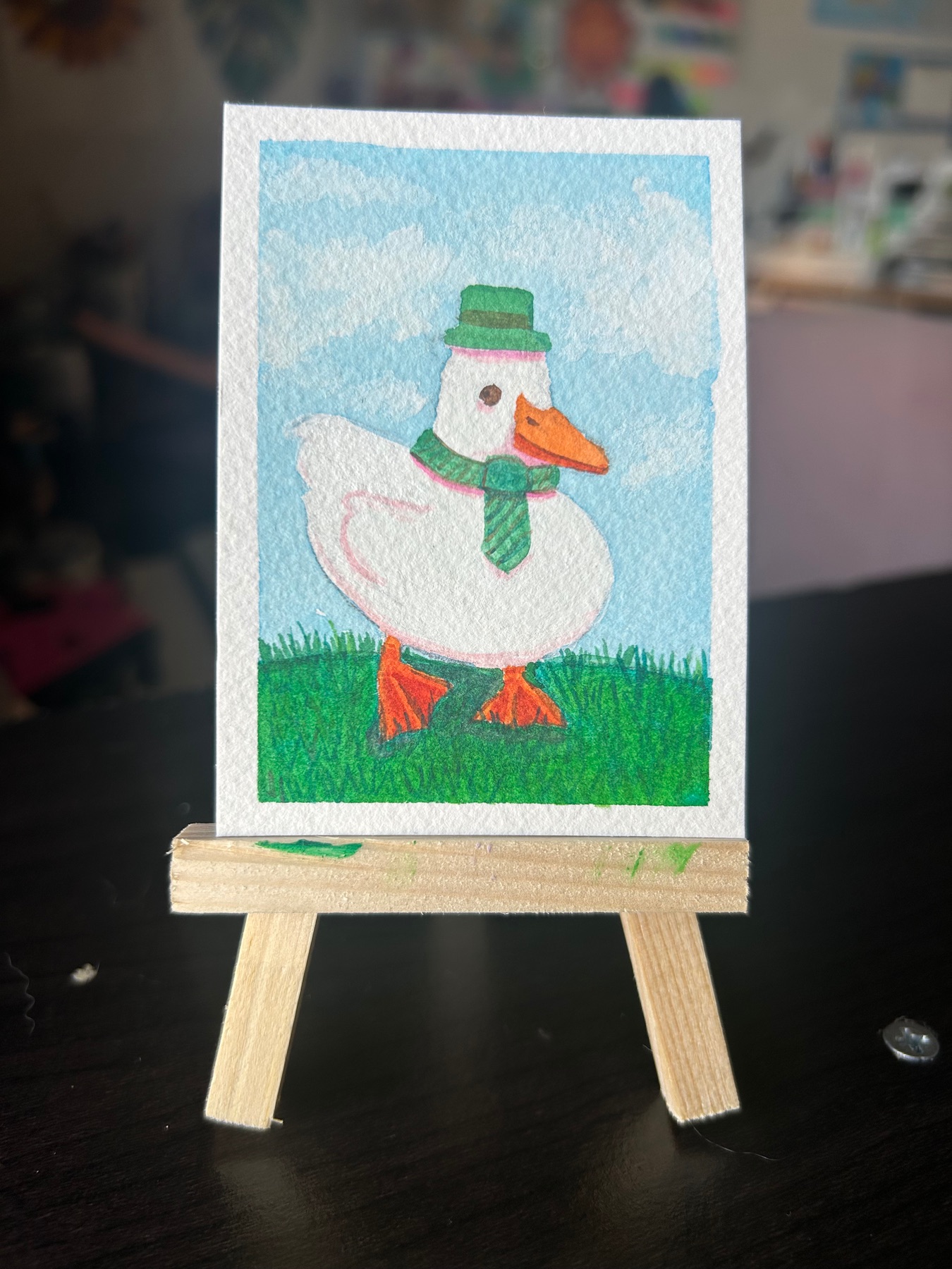 Duck with hat and tie aceo art card