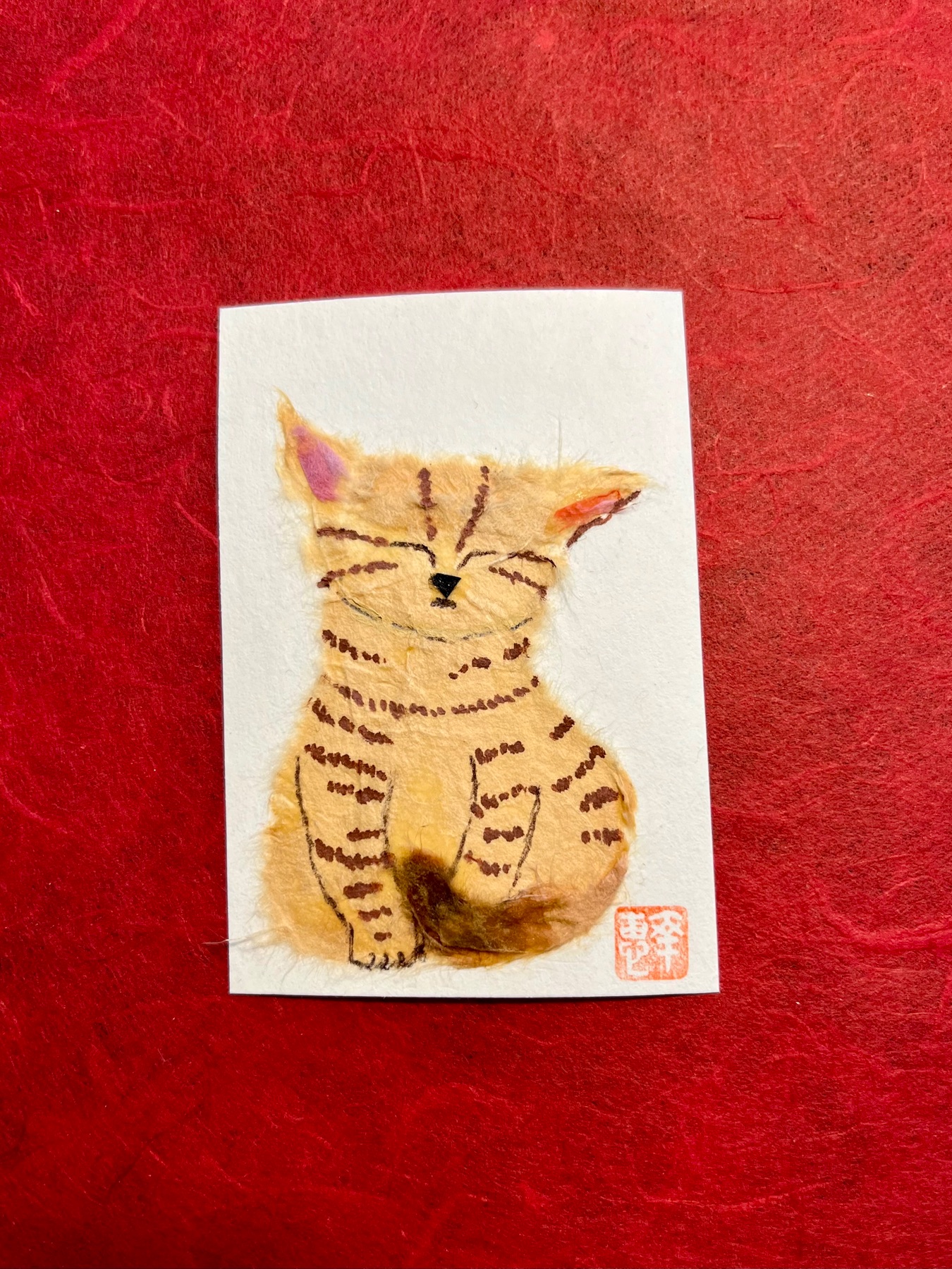 Japanese Washi art - kitty (neko) aceo art card