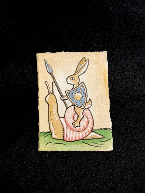 Medieval Rabbit Riding a Snail into Battle aceo art card