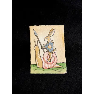Medieval Rabbit Riding a Snail into Battle aceo art card thumbnail 1