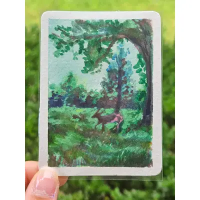 Deer in Field aceo art card thumbnail 2