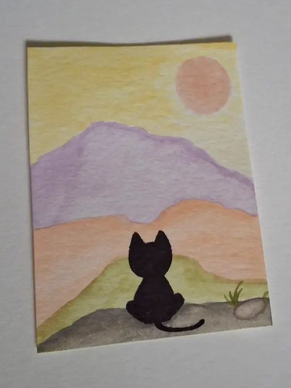 Cat Boho mountain view aceo art card