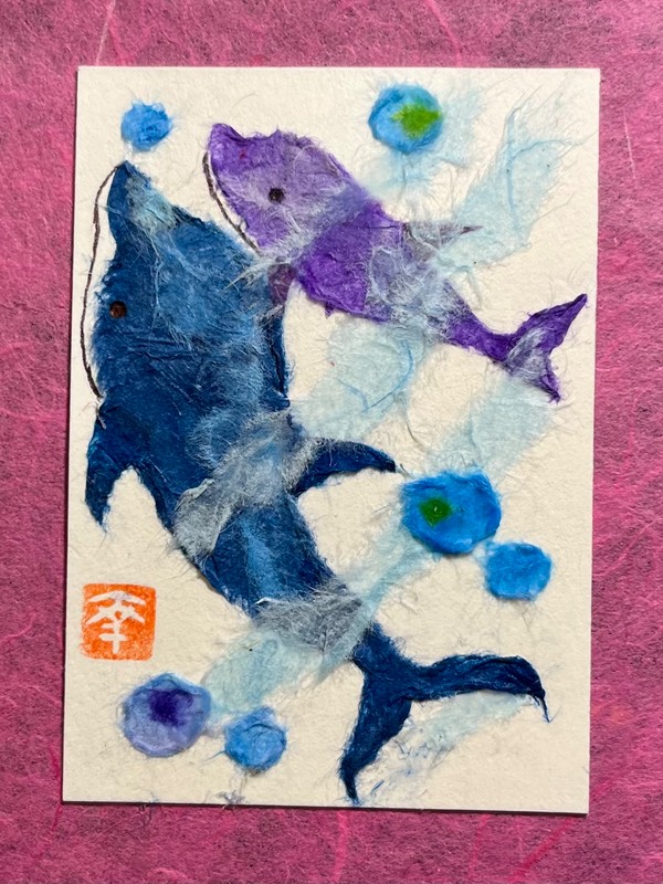 Japanese Washi art- mom and me dolphins aceo art card