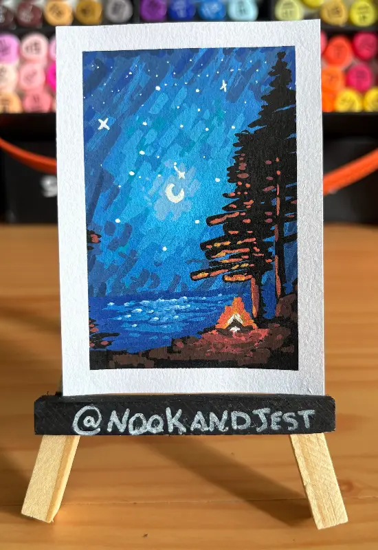 campfire sparkling lake night time moon aceo art card
