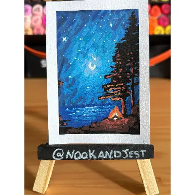 campfire sparkling lake night time moon aceo art card thumbnail 1