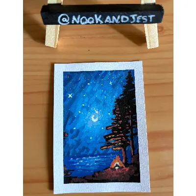 campfire sparkling lake night time moon aceo art card thumbnail 2