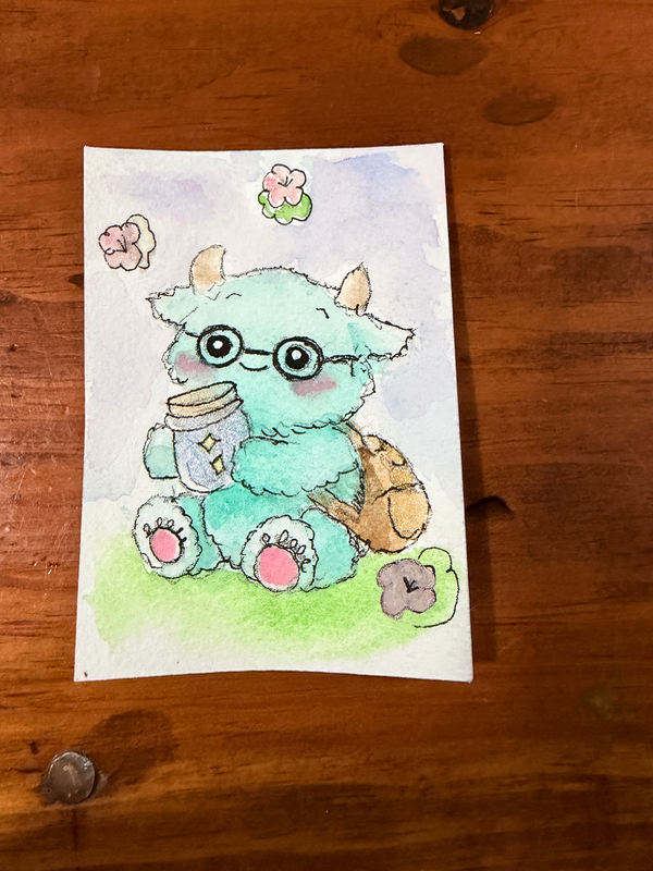Flufflepal Jar Collector – Original Watercolor ACEO | Cute Fantasy Creature Miniature Art ATC aceo art card