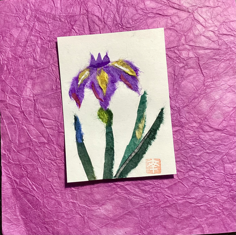 Japanese washi art - Iris (ayame) aceo art card