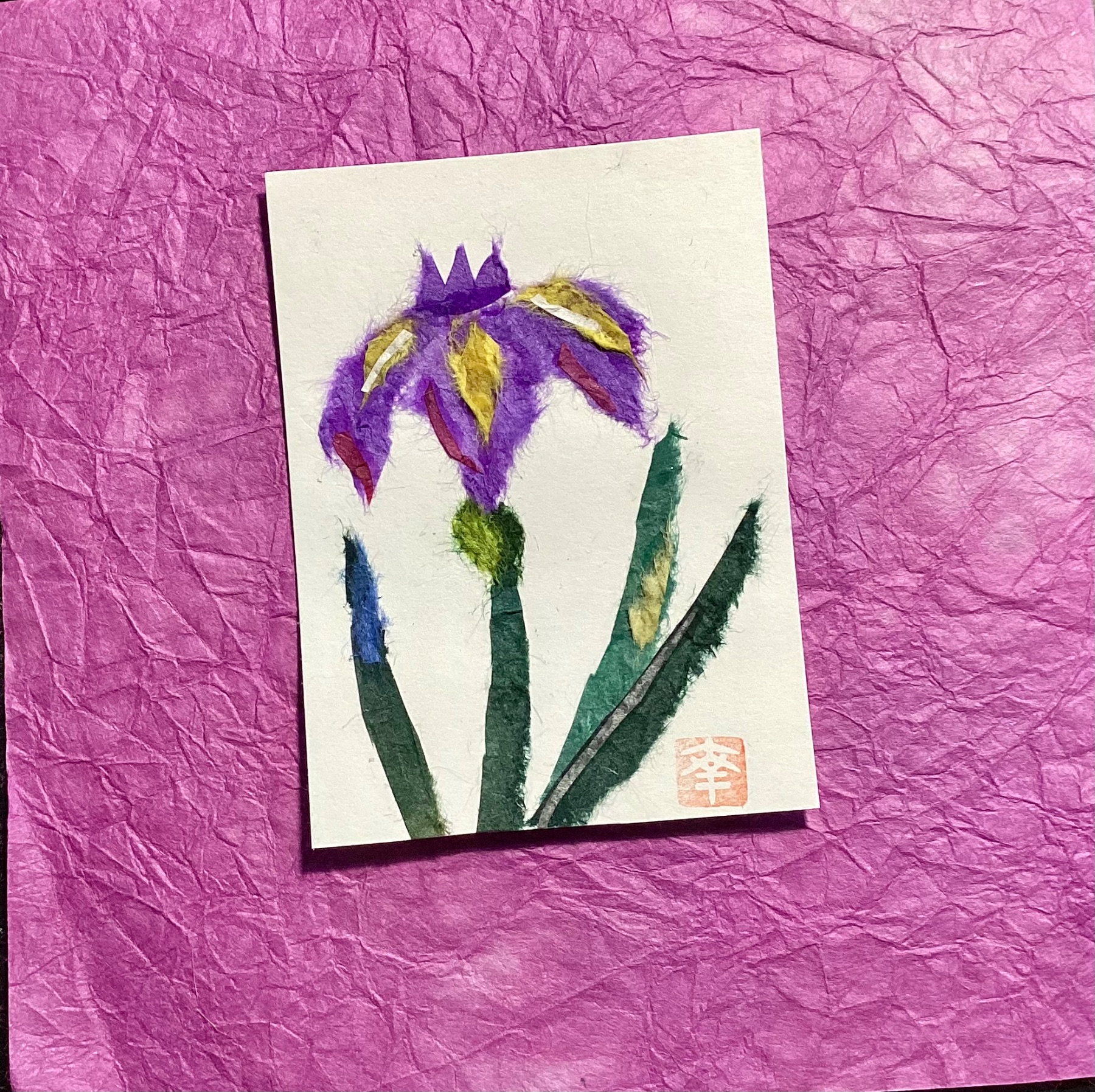 Japanese washi art - Iris (ayame) aceo art card