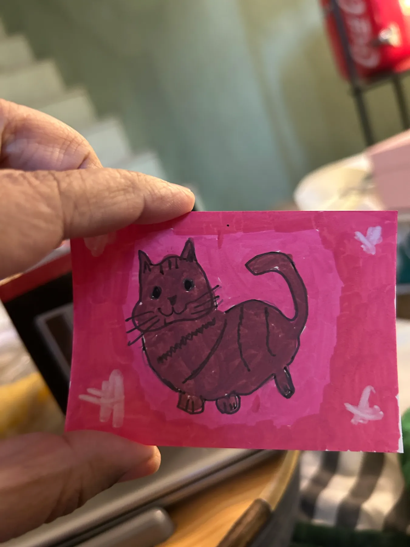 Brown Striped Cat Against a Pink Background aceo art card