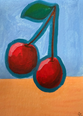 Cherries in Blue aceo art card thumbnail 1