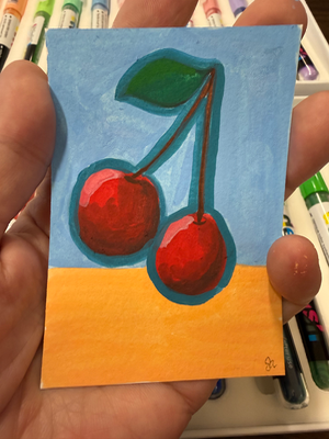 Cherries in Blue aceo art card thumbnail 2