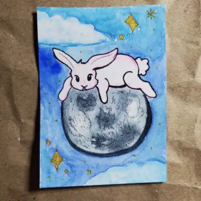 Rabbit Laying on Moon aceo art card thumbnail 2