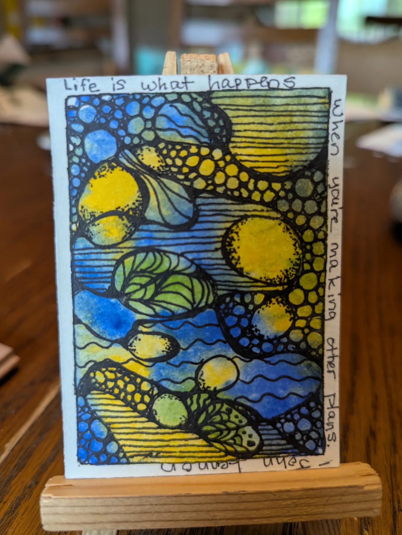 ACEO Original Abstract Bubble Doodle Art Blue and Yellow Watercolor and Ink Card c-avilez-art aceo art card